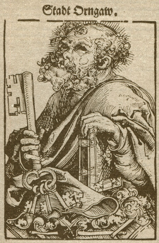 Экслибрис работы Кранаха Л. с изображением Св. Петра, изготовленный им для города Обрингена. 1509