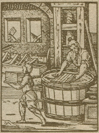 Изготовление бумаги в Европе. Гравюра Д. Аннама. 1568