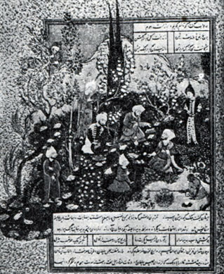 Миниатюра рукописи 'Шахнаме'. Фирдоуси среди поэтов Газни. 1526 - 27