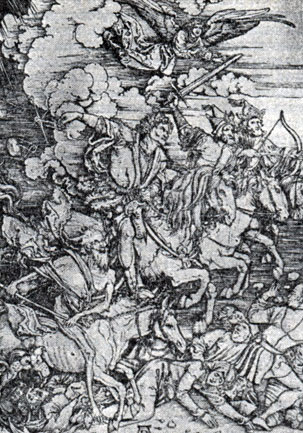 А. Дюрер. 'Четыре всадника'. Гравюра на дереве из цикла 'Апокалипсис'. 1498